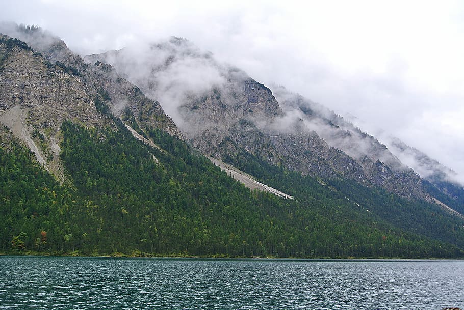 green and gray mountains under white cloudy sky, fog covered mountain HD wallpaper