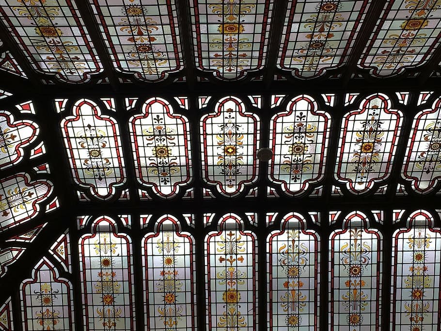 stained glass, window, repeat, geometric, roof, sky, light HD wallpaper