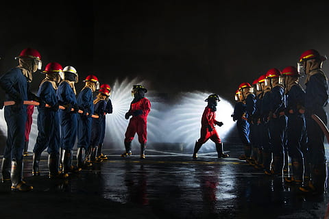 men in blue and red overalls forming two lines, firefighters HD wallpaper