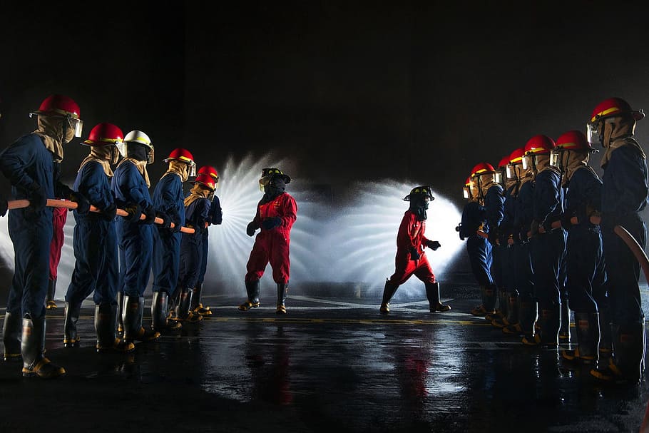 men in blue and red overalls forming two lines, firefighters HD wallpaper