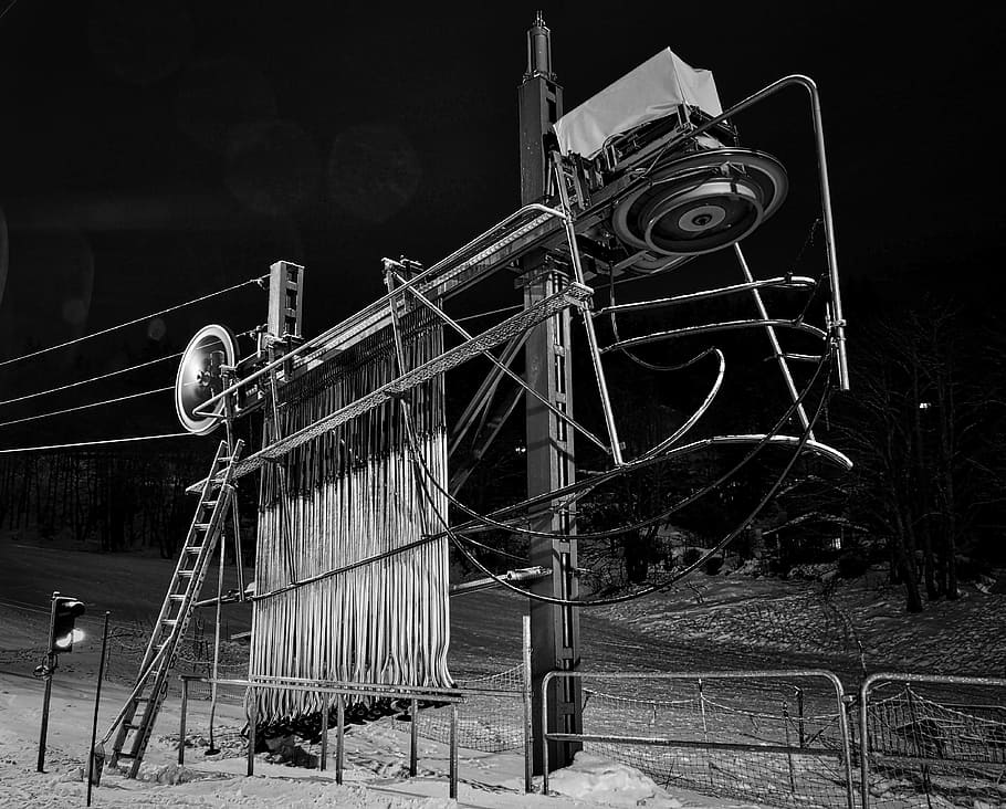 skiing, lift, night, structure, metal, winter, snow, mountain HD wallpaper