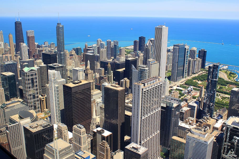 aerial photography of city scape, usa, chicago, skyscraper HD wallpaper