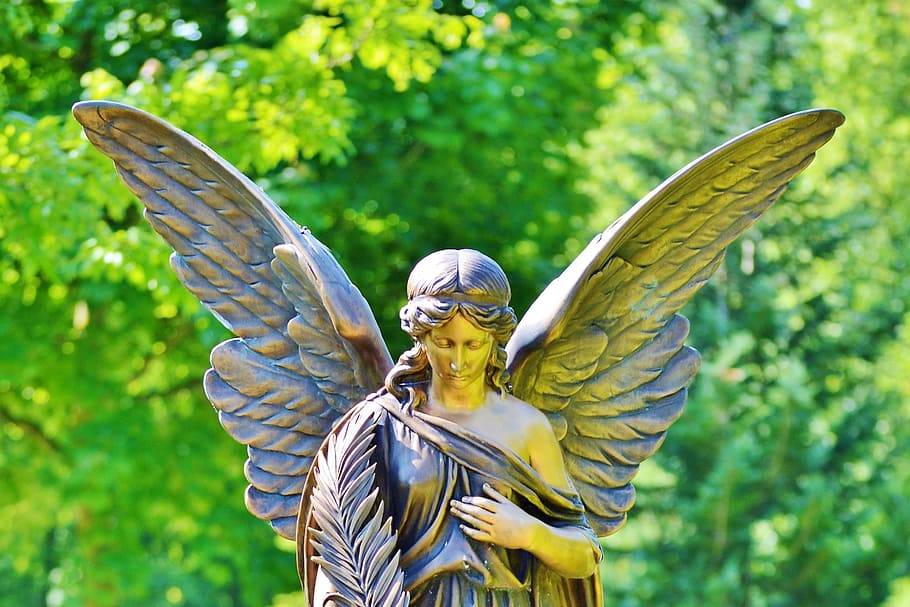 gold-colored female angle statue outdoors, Angel, Stone, Sculpture