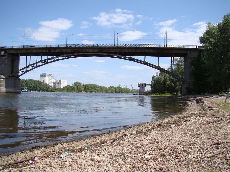 bridge, river, samarka, samara, russia, sky, clouds, wave, beach HD wallpaper