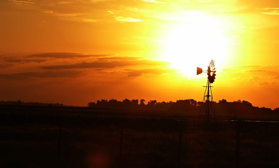 dawn, field, mill, sunset, sky, orange color, cloud - sky, silhouette HD wallpaper