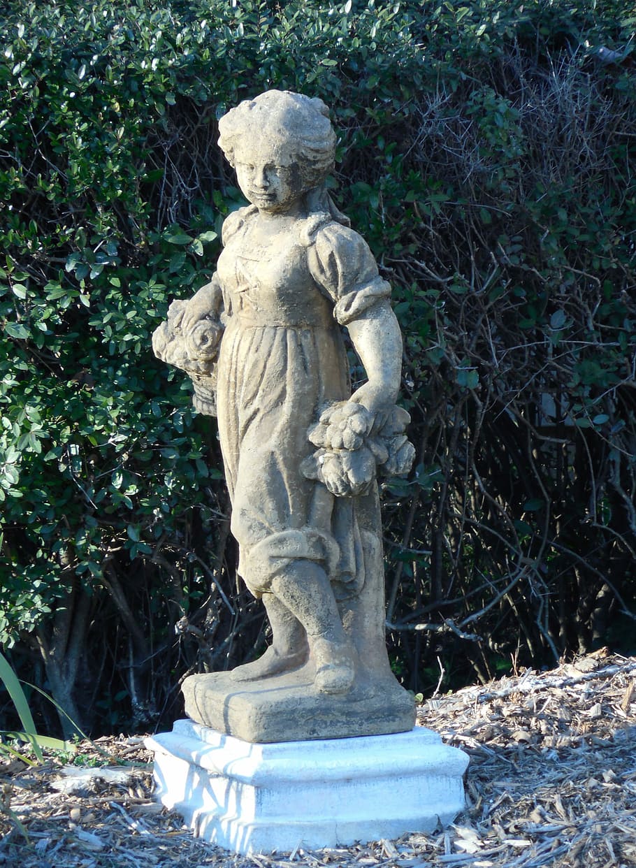 Statue, Statuary, Sculpture, architecture, old, girl, flowers HD wallpaper