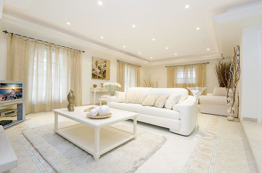 white sofa on floor in front of white coffee table, furniture HD wallpaper