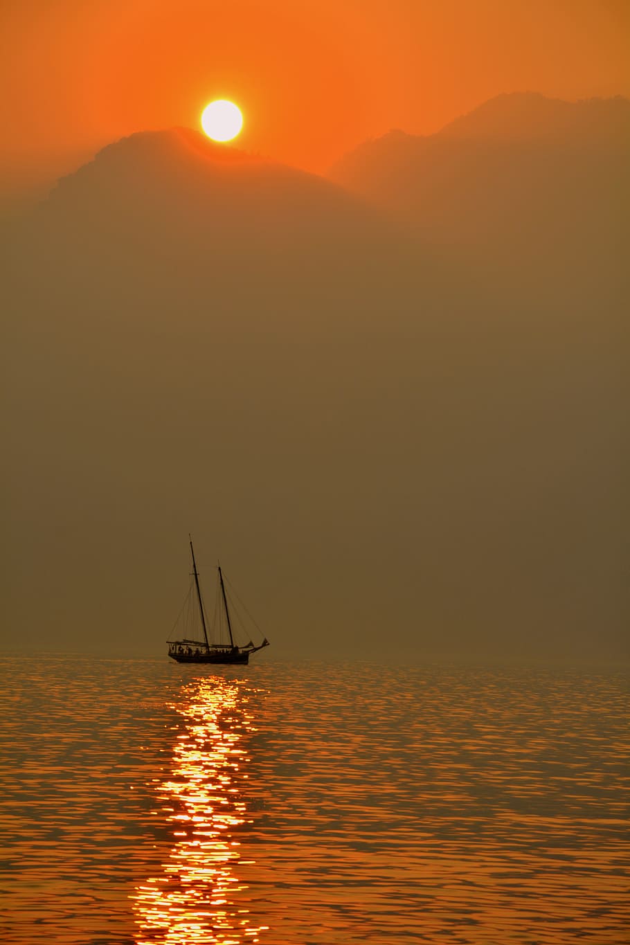 sailing ship, lake, sunset, mooring, reflection, water, boat HD wallpaper