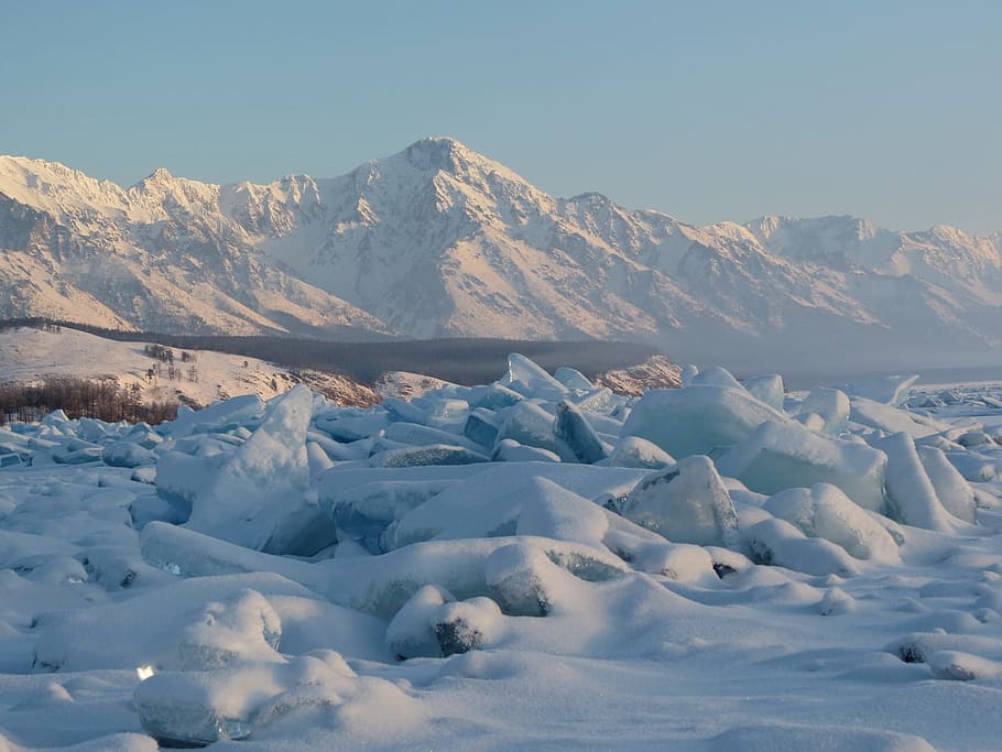 baikal, lake, ice, winter, hummocks, shadow, rocks, mountains HD wallpaper