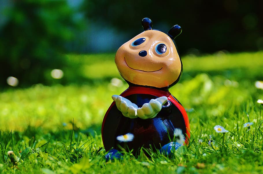 lady Bug figurine on green grass, ladybug, figure, funny, lucky ladybug HD wallpaper