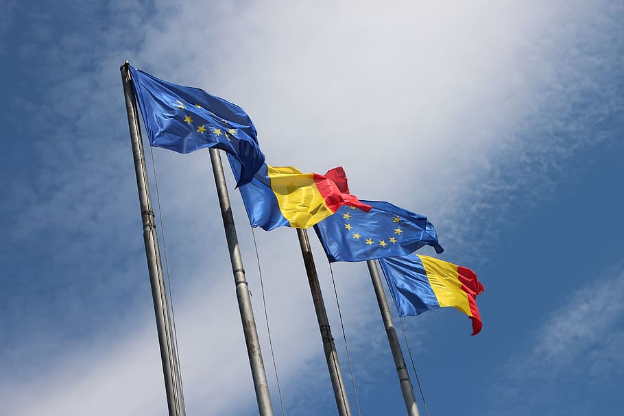 romania, eu, flags, europe, european union flag, flutter, sky, HD wallpaper