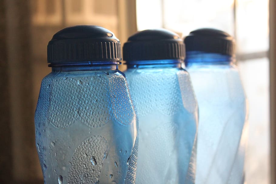 blue glass bottles, plastic, container, water, chilled, liquid HD wallpaper