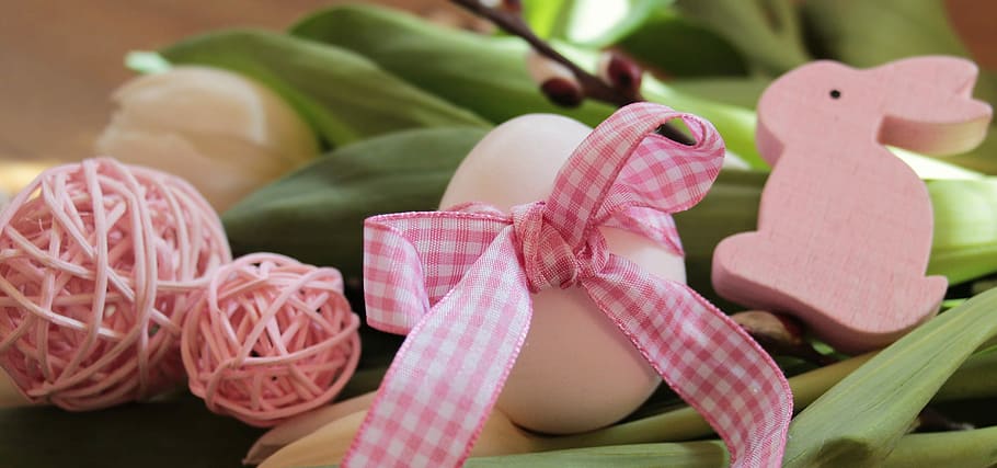 pink and white ribbon, easter egg, willow catkin, decoration HD wallpaper