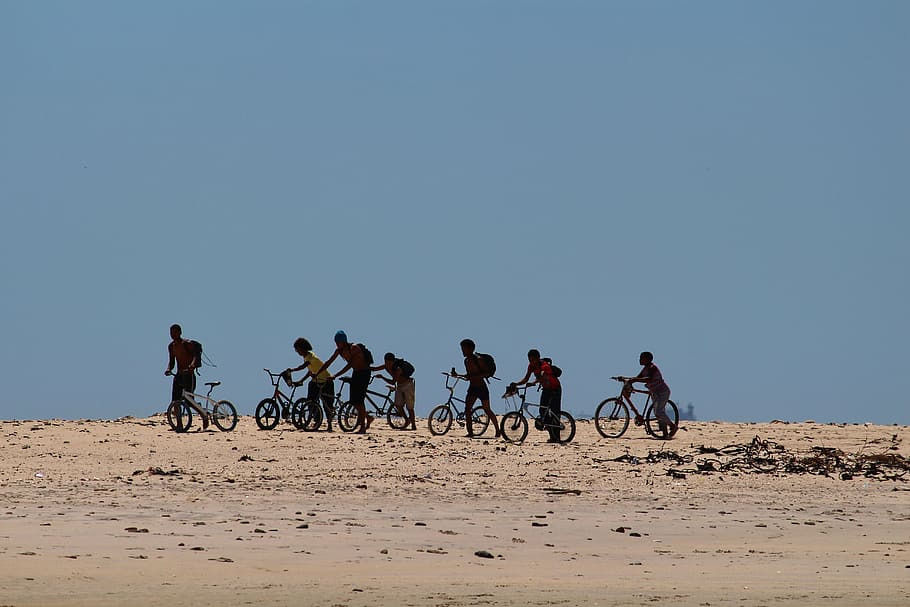 children, south africa, bicycles, beach, sea, group, black, HD wallpaper