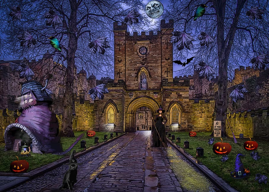 witch standing on castle facade illustration, Witches, Composite HD wallpaper