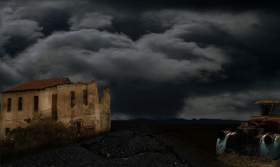 ruin, road, car rust, leave, atmosphere, gloomy, cloud - sky HD wallpaper