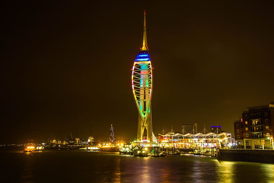 portsmouth, night, our neighbours, light, building, illuminated, HD wallpaper