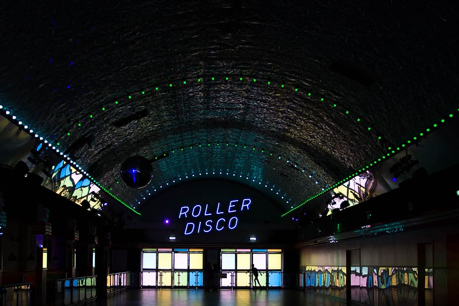 Roller Disco LED sign, Roller Disco sign photo, light, dark, neon, HD wallpaper