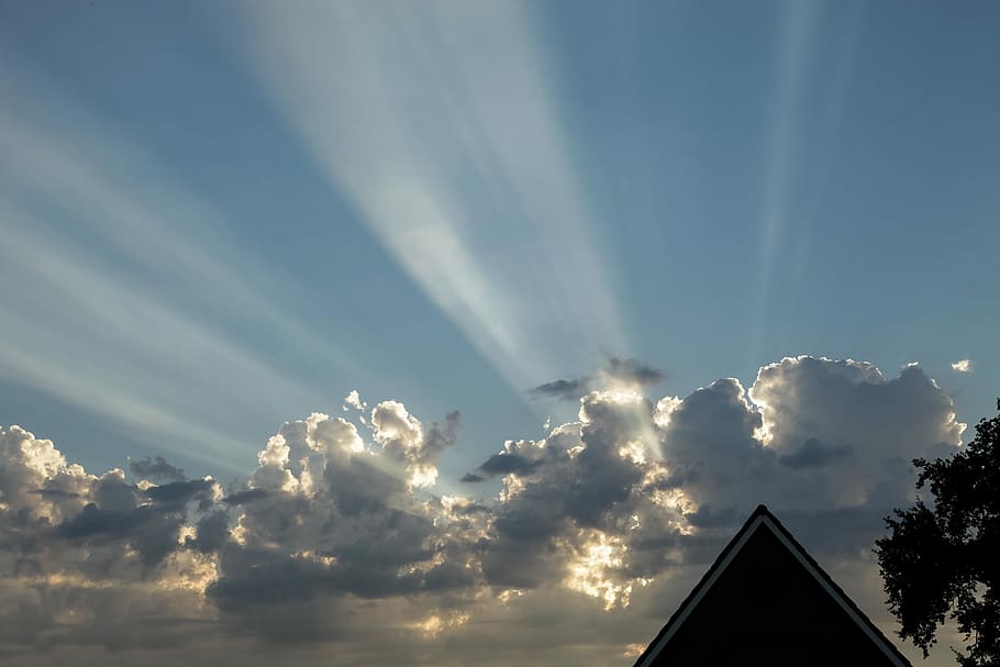 Sun, Rays, Clouds, sky, summer, blue, afternoon, roof, gable HD wallpaper