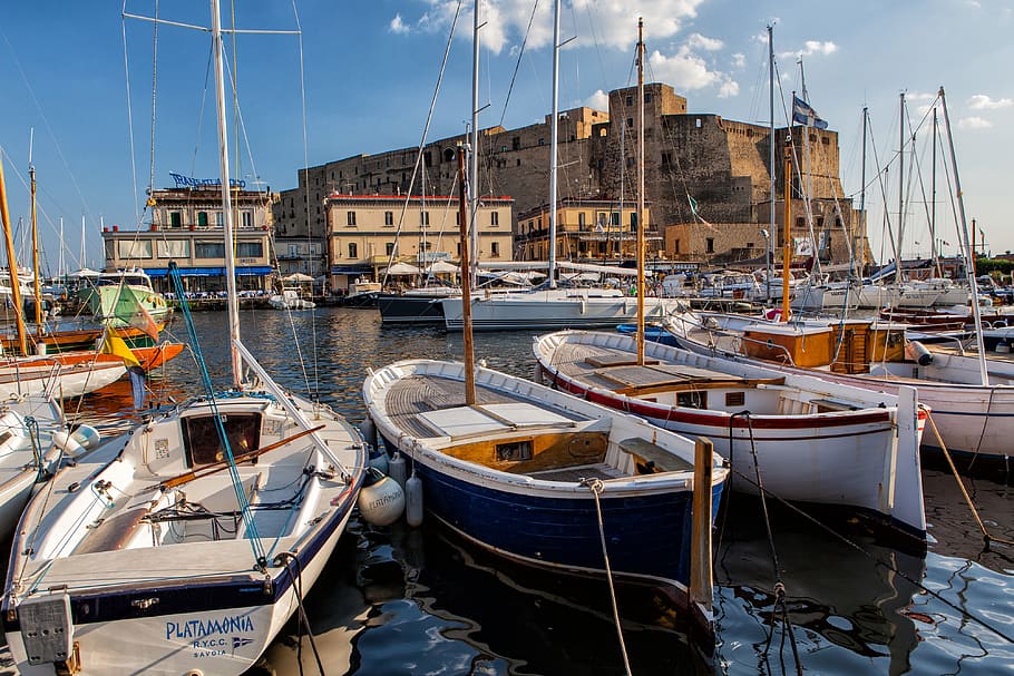 Wide-angle shot of the Harbour in Napoli, Italy, urban, coast