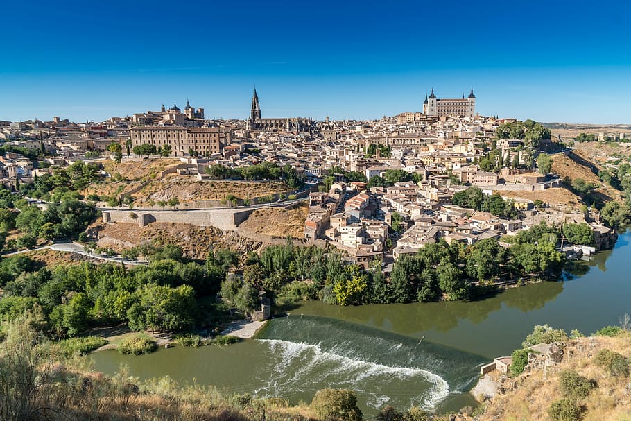 aerial view photography of river near village, toledo, spain HD wallpaper