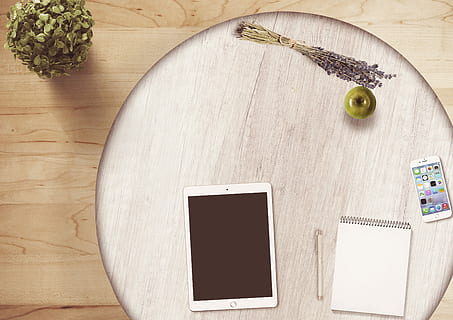 silver iPad, notepad, tablet, flowers, pen, mobile phone, round table HD wallpaper
