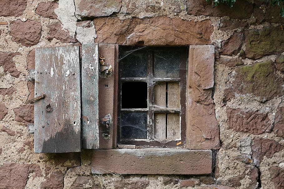 brown window surrounded with wall, building, disc, window pane HD wallpaper