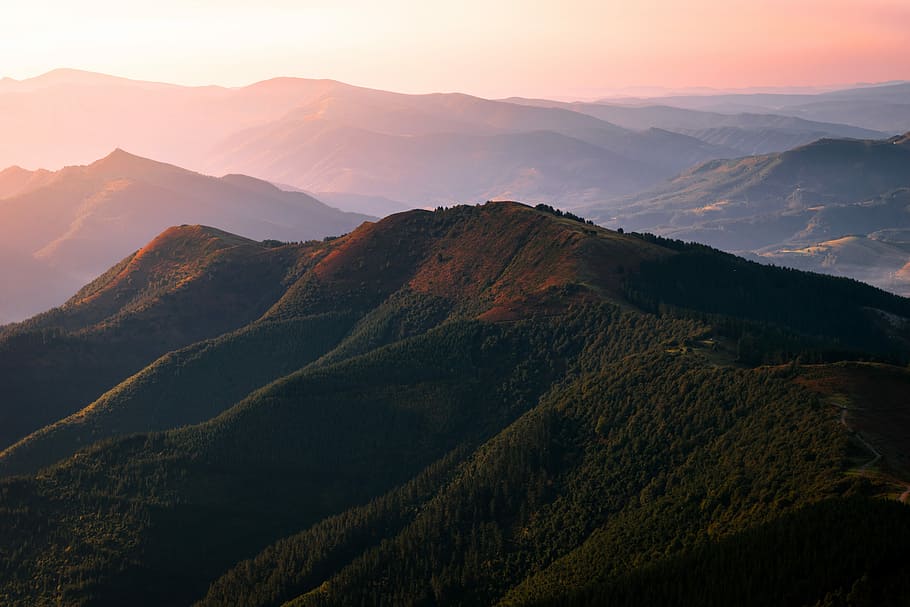 aerial view of mountain, silhouette of mountain, ridge, sunrise HD wallpaper
