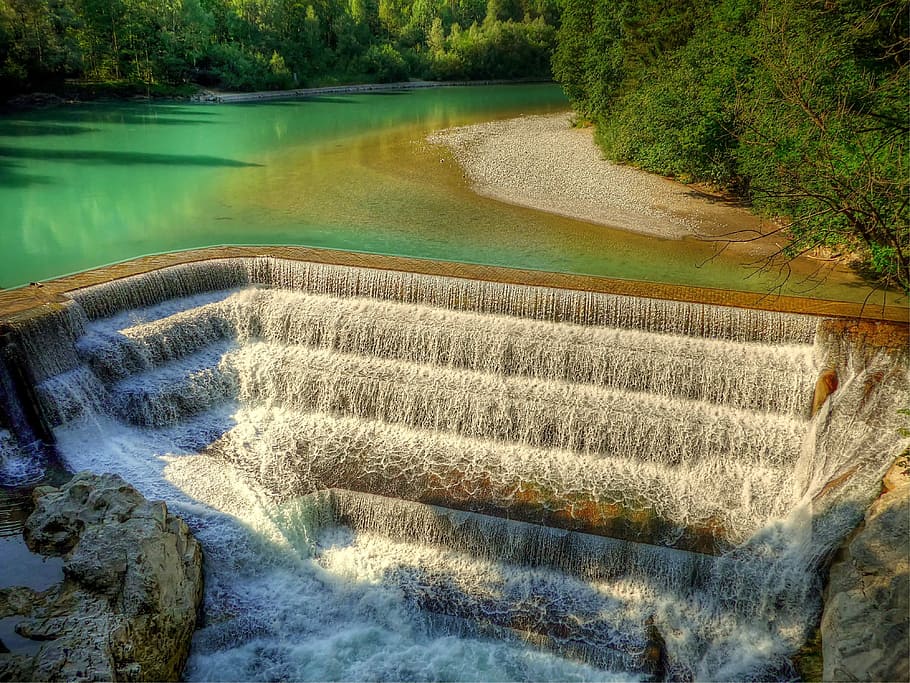 cascading waterfall near tree at daytime, Lech, River, Bavaria HD wallpaper