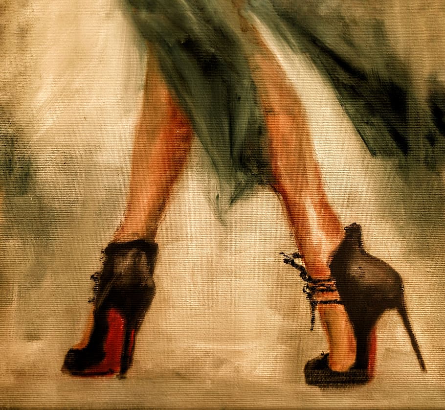 woman wearing pair of black heels painting, art, lady, shoes