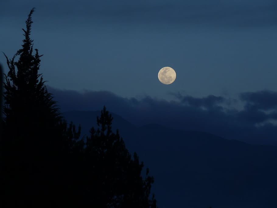 moon, nature, landscape, sunset, mountains, blue, outdoors HD wallpaper