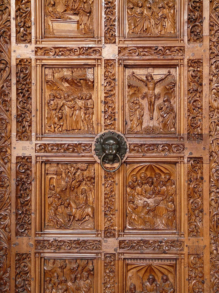 Wood Carving, Door, Church, church door, ornament, doorknocker, HD wallpaper