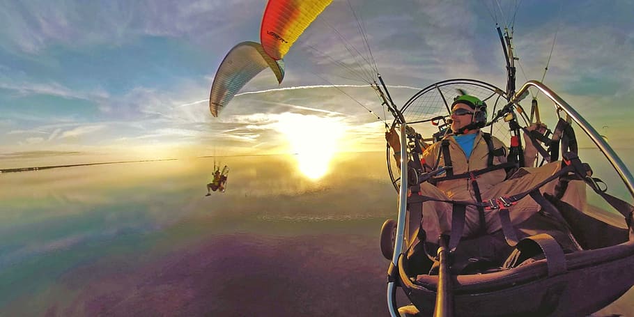 Flying with friends, man paragliding in the sky, paraglider, clouds HD wallpaper