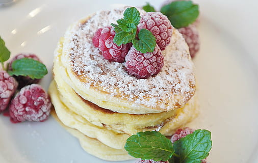 close up image of pancakes with cherry, schaumomelette, egg HD wallpaper