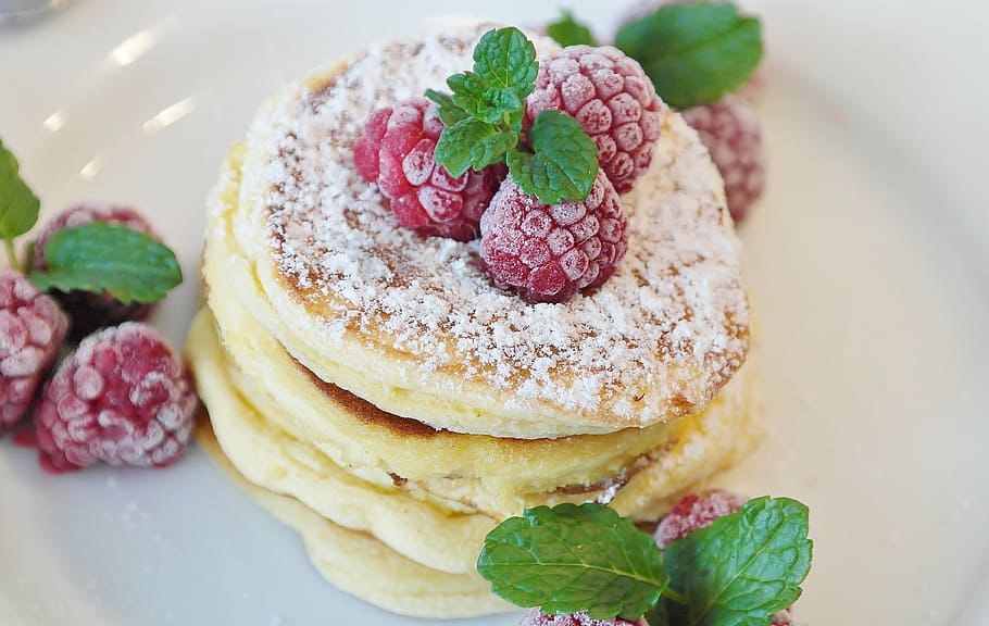 close up image of pancakes with cherry, schaumomelette, egg HD wallpaper