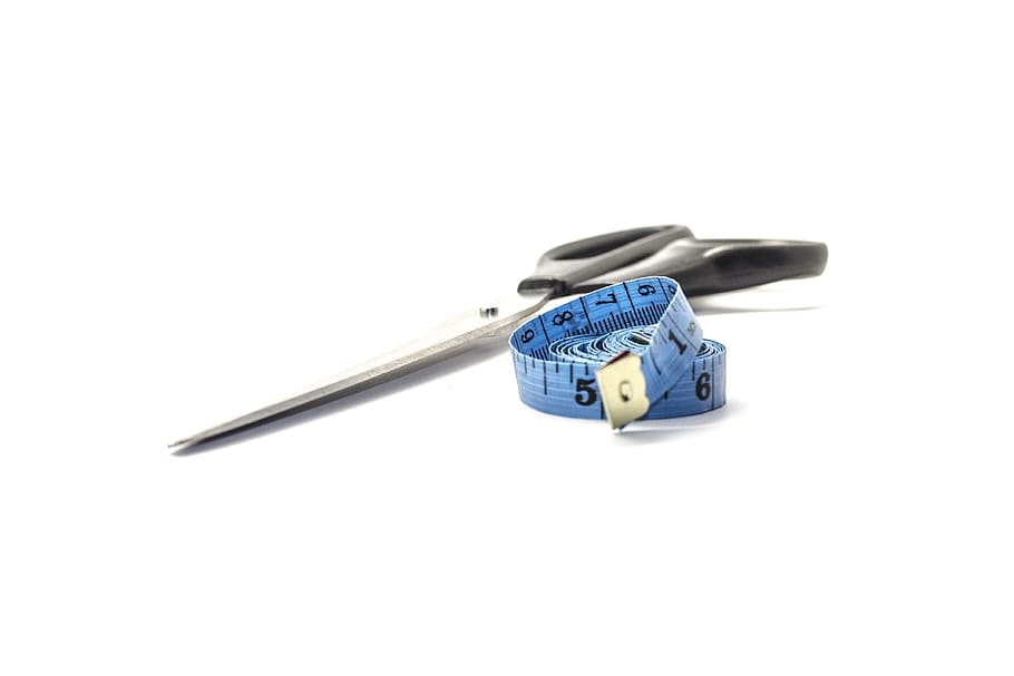 black scissors and blue measuring tape on white surface, tape line HD wallpaper