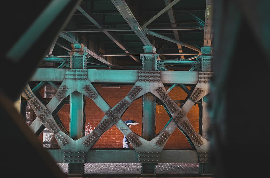 gray metal bridge frame, woman holding umbrella crossing truss bridge, HD wallpaper