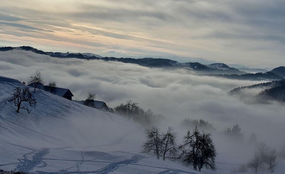 photo of snow-capped mountains, snowed mountain covered by white clouds HD wallpaper