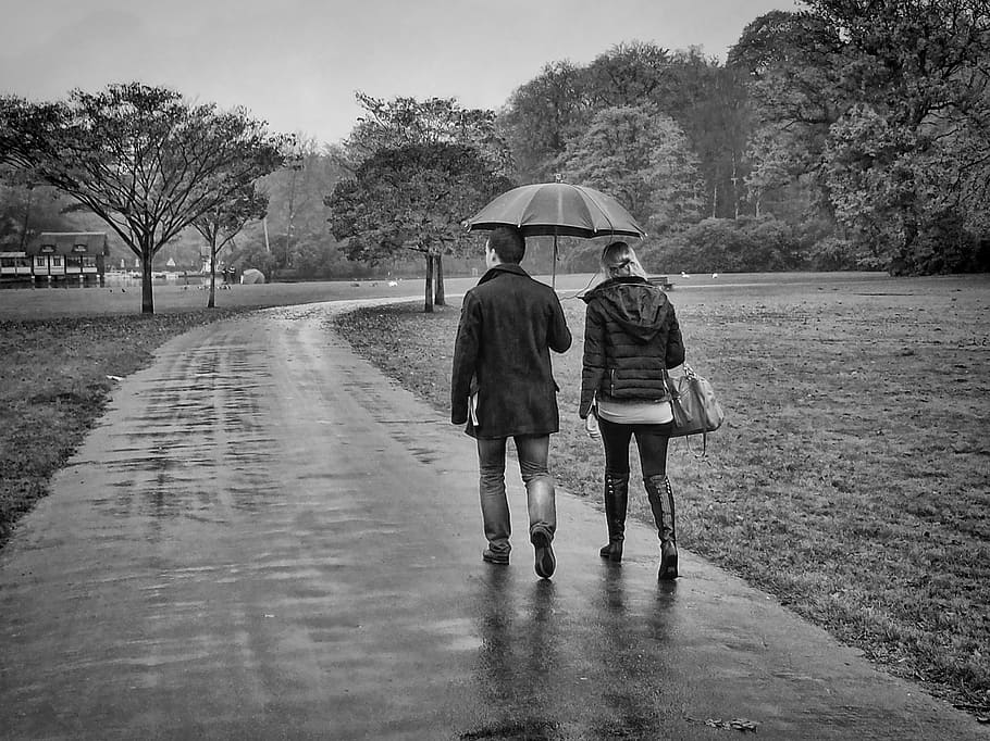 grayscale photo of couple walking on pavement while raining, brasschaat, HD wallpaper