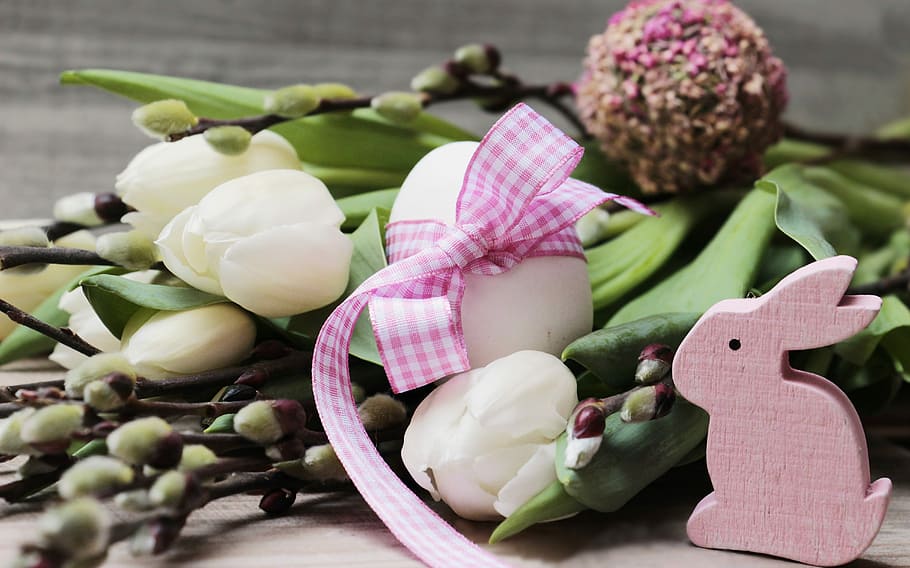 white petaled flowers beside pink rabbit figurine, easter egg HD wallpaper
