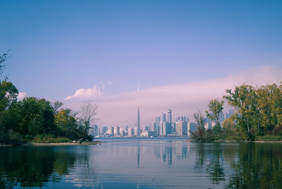 view of city skyline from across body of water at daytime, photo HD wallpaper