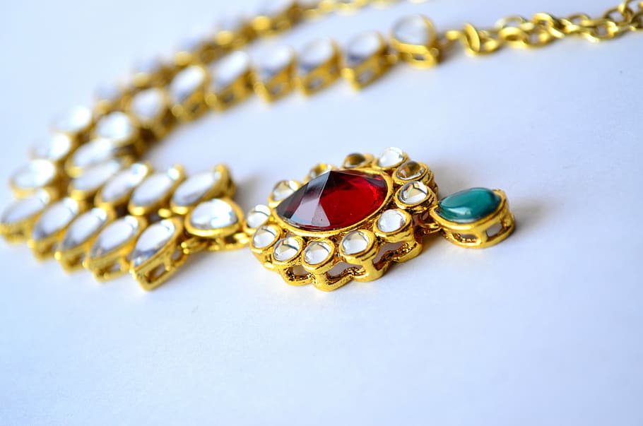 gold-colored necklace with pendant and gemstone lot, indian, jewelry, HD wallpaper