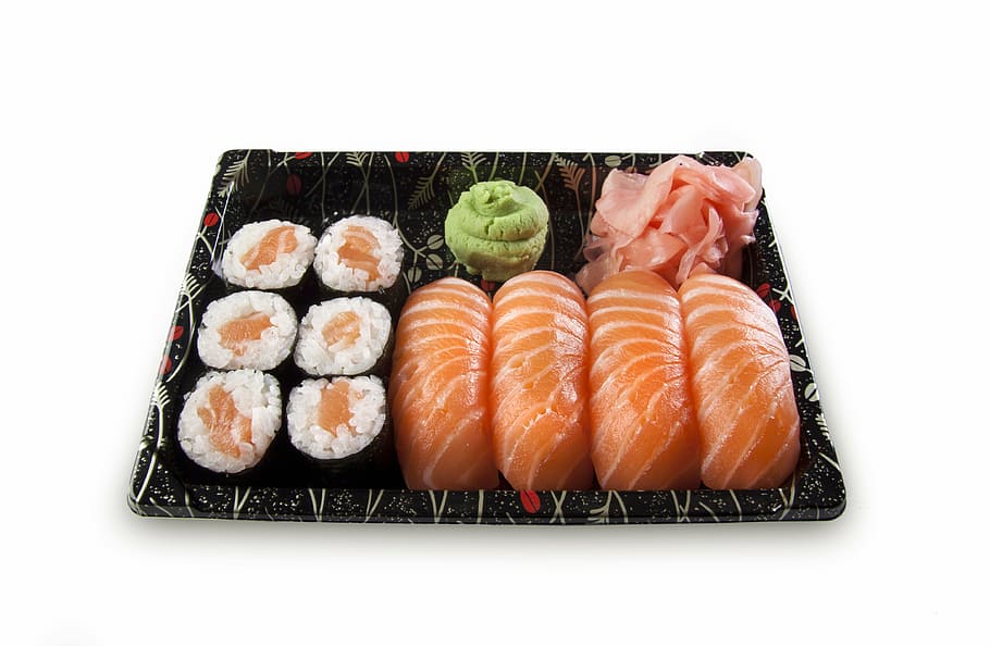sushi on black tray, set, nigiri, maki, fish, raw, salmon, rice