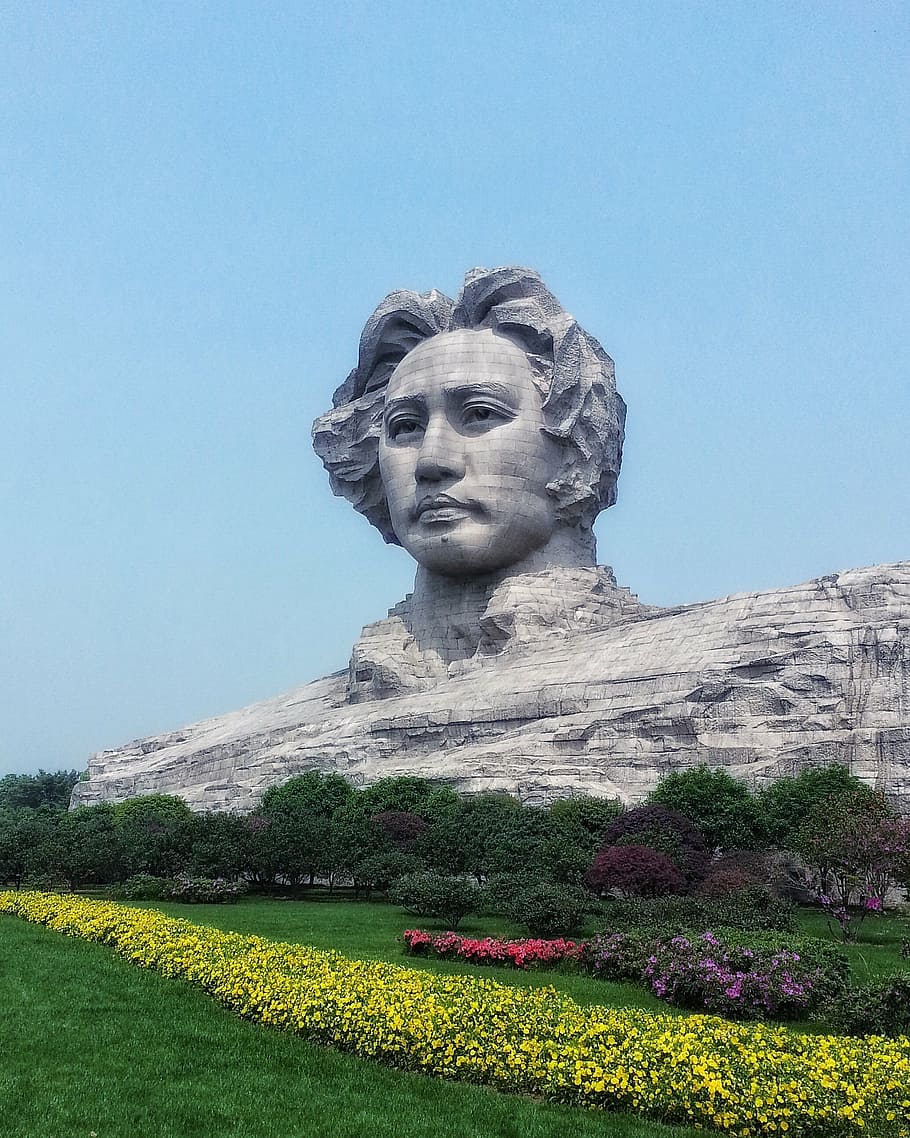 china, hunan, changsha, orange island, head, sculpture, plant