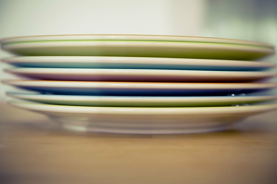 plate, tableware, porcelain, stack, plate stack, eat, colorful HD wallpaper
