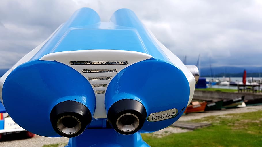 binoculars, focus, chiemsee, clouds, face, glass, blue, white HD wallpaper