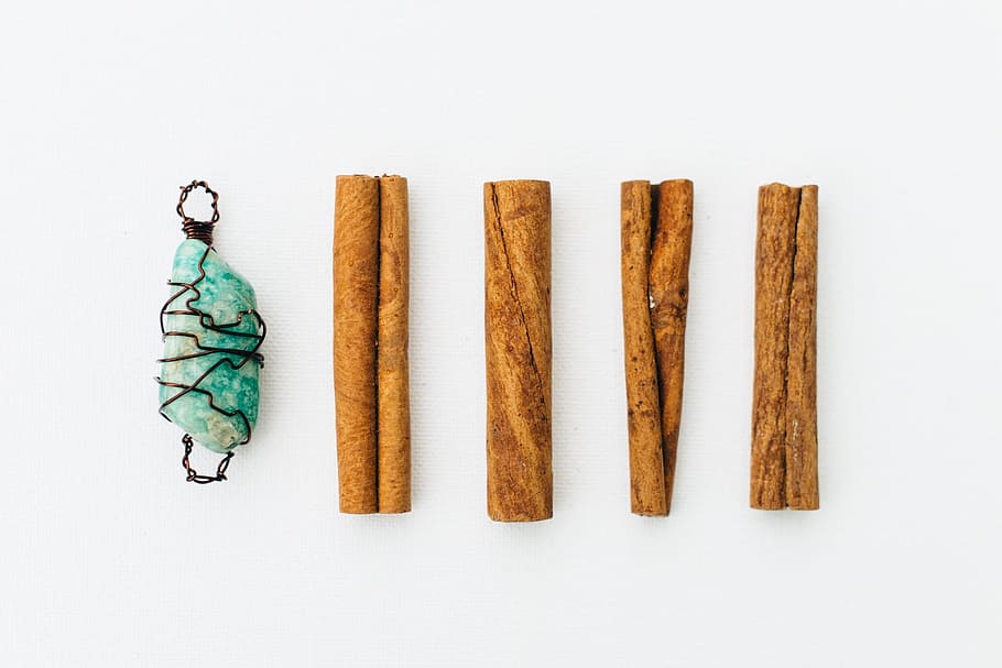 four wood pieces beside gemstone, brown, sticks, cinnamon sticks HD wallpaper