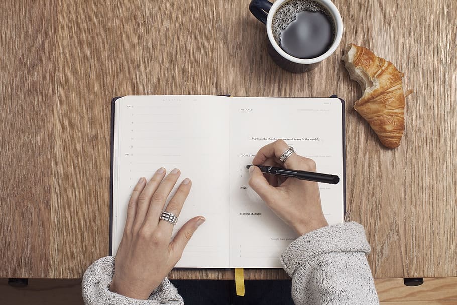 woman in sweater writing on her planner wallpaper, coffee, write HD wallpaper
