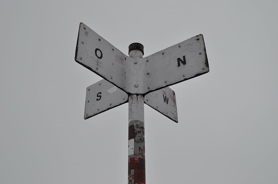 street sign, directory, old, fog, north, east, south, west HD wallpaper