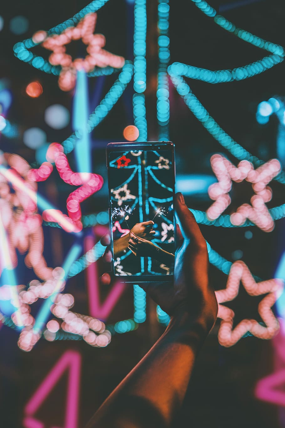 Aeons far from the Sun, person taking blue and pink Christmas tree with string lights HD wallpaper